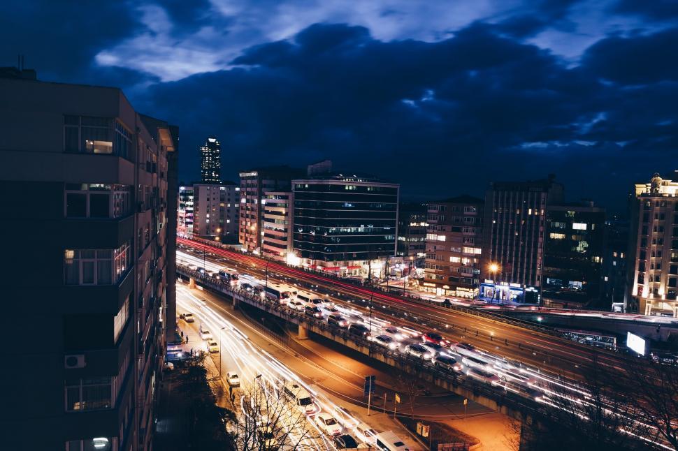 Free Image of Twilight cityscape with busy traffic flow 