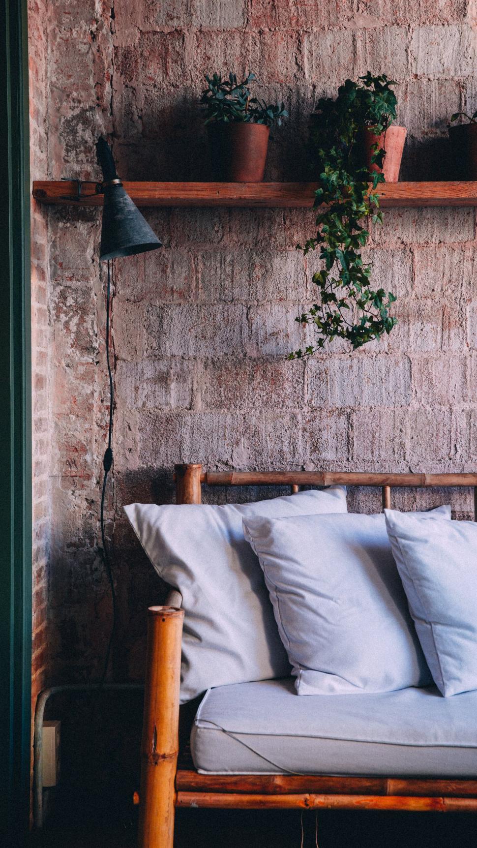 Free Image of Cozy corner with bamboo bench and plants 