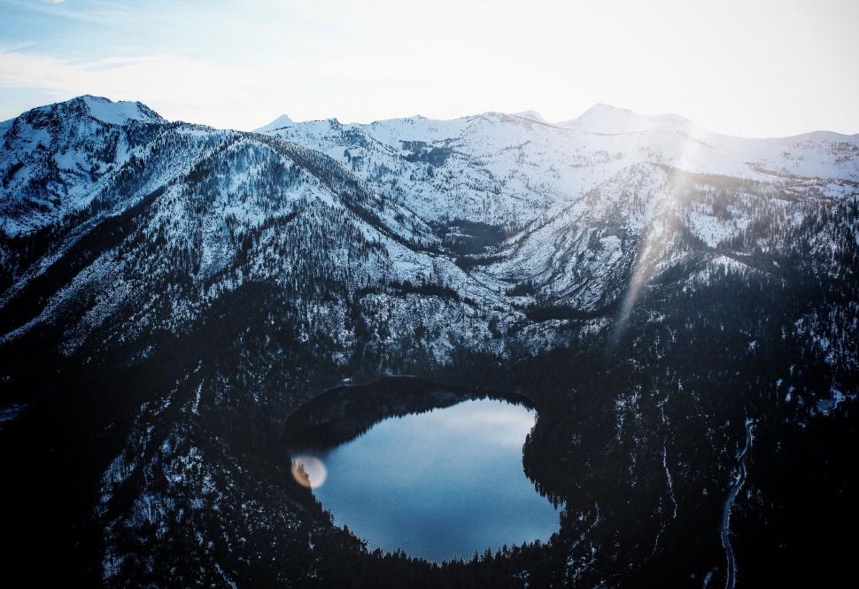 Free Image of Snow-capped mountains and a serene lake 