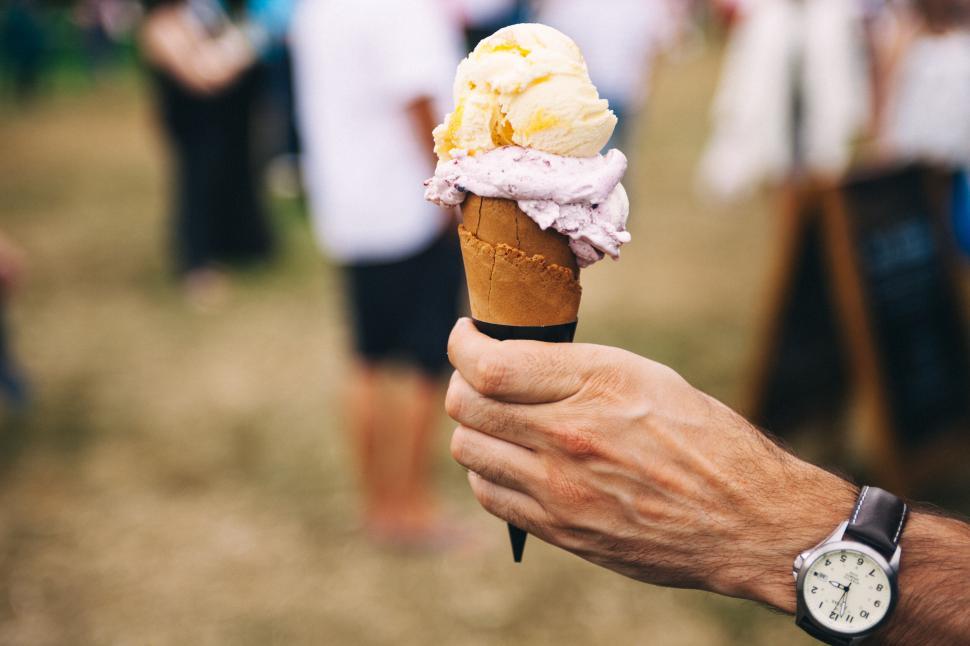 Free Image of Hand holding a delicious two-scoop ice cream cone 