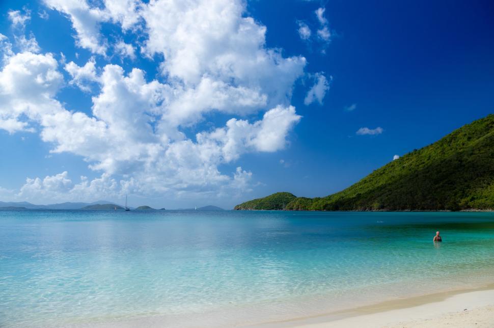 Free Image of Tropical Beach Vista with Solitary Swimmer 