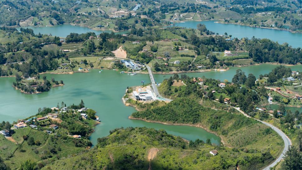 Free Image of Aerial view of winding roads lakeside 