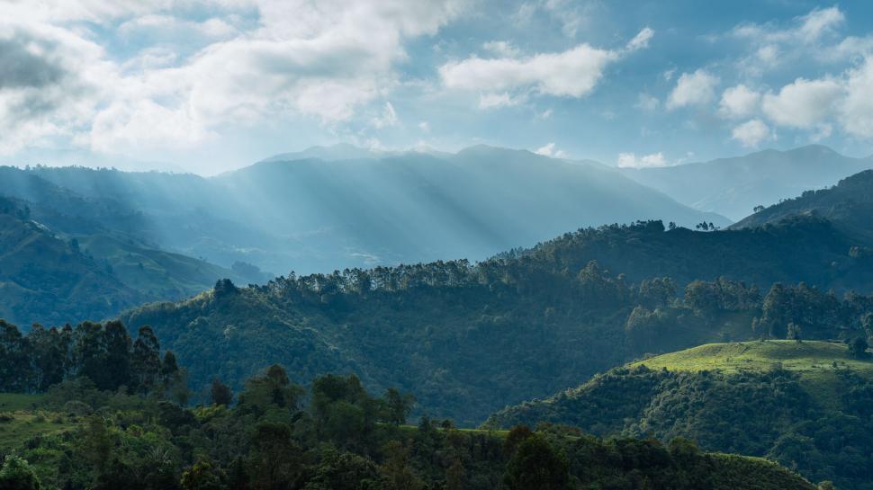 Free Image of Sunbeams filtering through clouded sky 