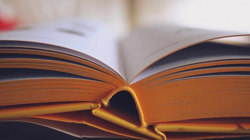 Free Image of Open book on a desk with blurred pages 