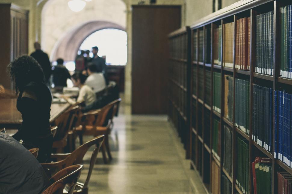 Free Image of Quiet library scene with students studying 