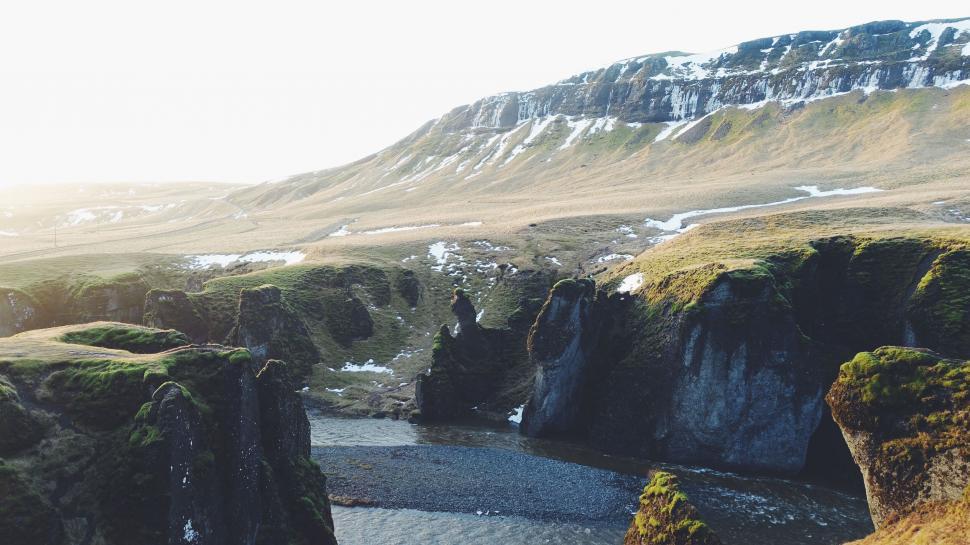 Free Image of Verdant canyon edges with river below 