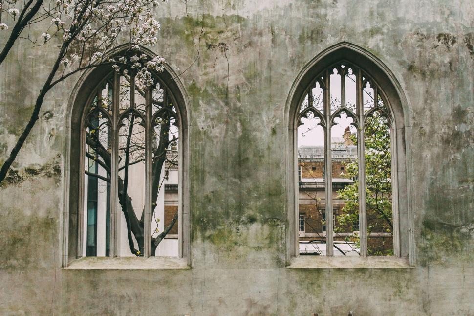 Free Image of Gothic style windows and concrete wall 