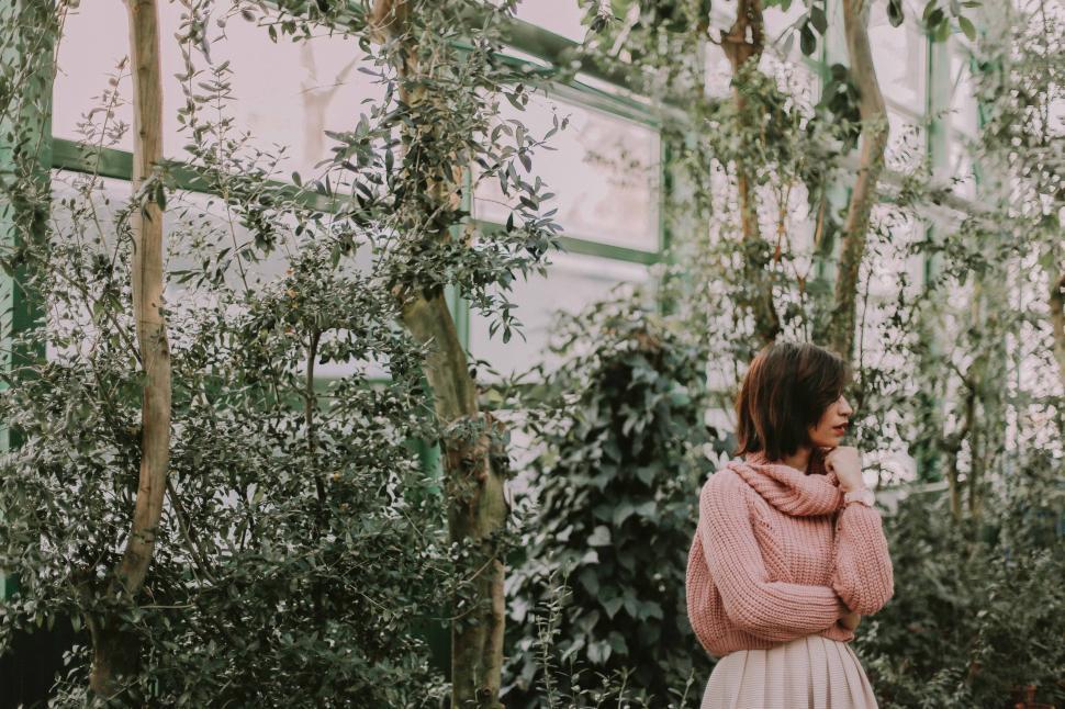 Free Image of Tranquil greenhouse with a thoughtful woman 