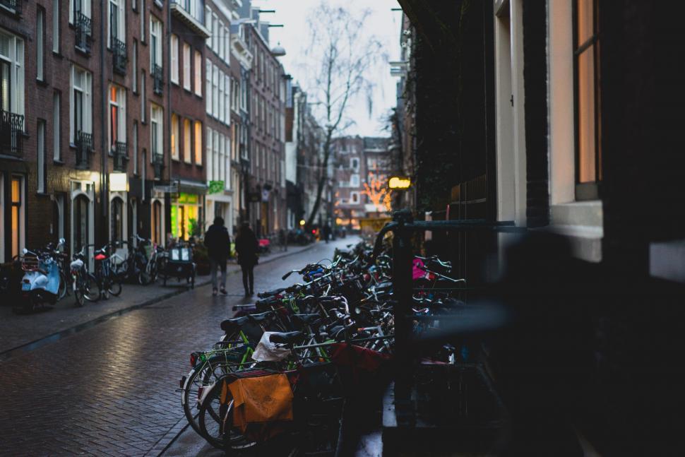 Free Image of Bicycle-lined street in European city 