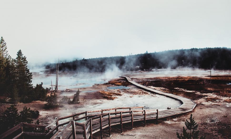 Free Image of Steamy geyser trail at Yellowstone 