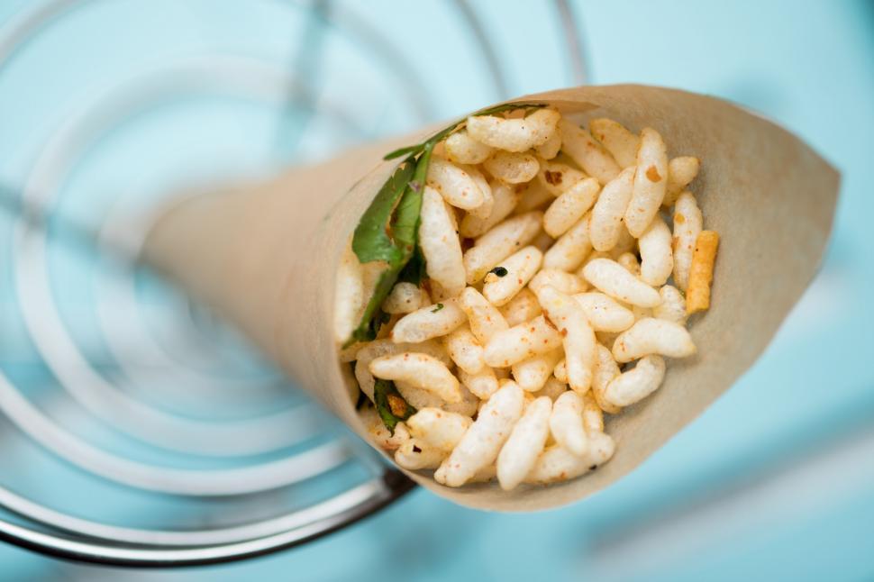 Free Image of Close-up of puffed rice in a cone 