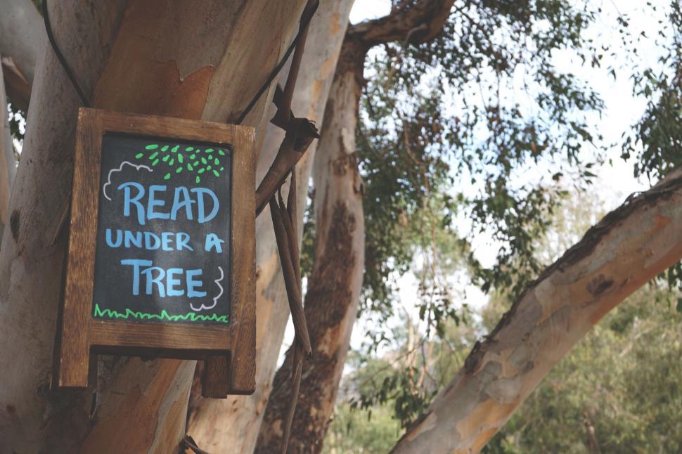 Free Image of Sign on tree promoting reading outdoors 