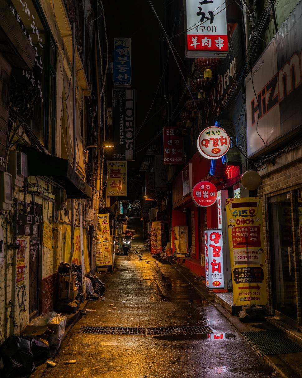 Free Image of Rainy night in a neon-lit alleyway 