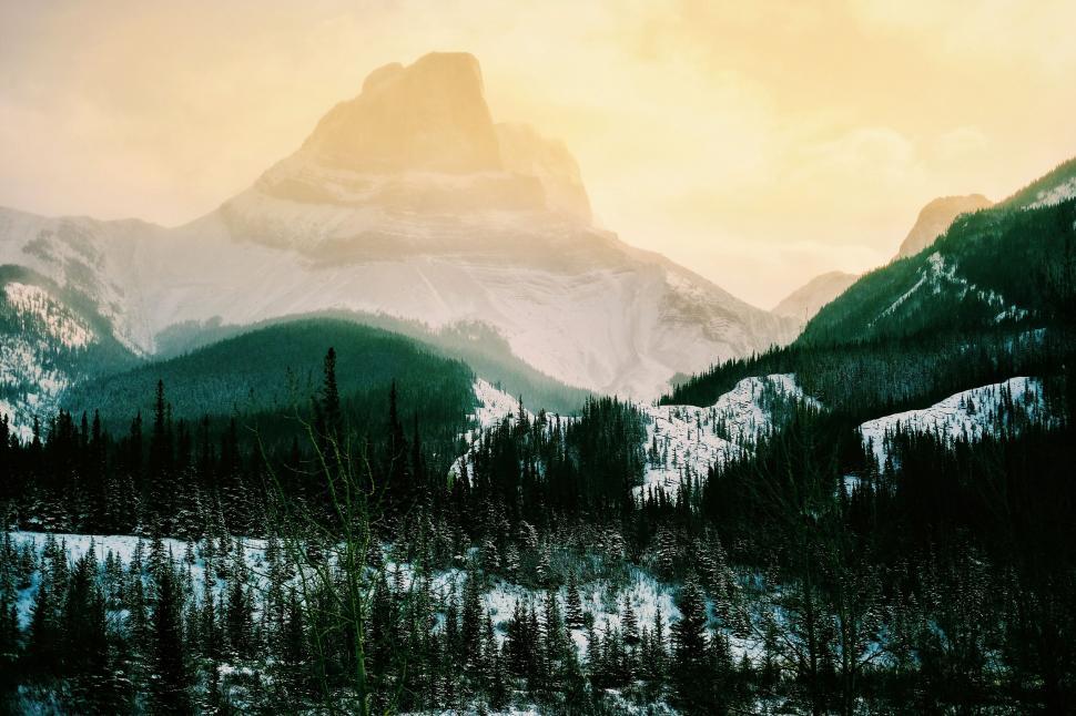 Free Image of Sunset over a snow-dusted mountain forest 