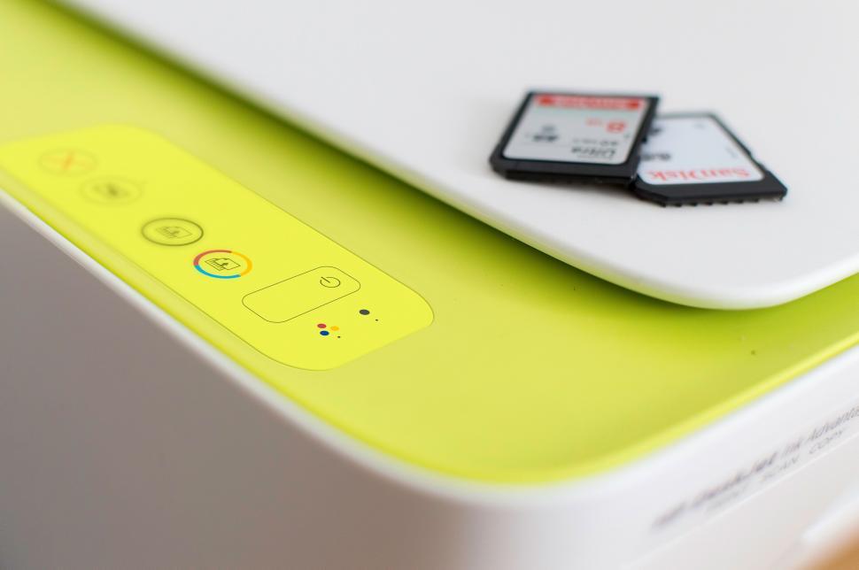 Free Image of Close-up of printer control panel with SD cards 