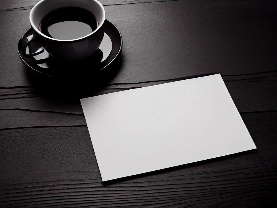 Free Image of Coffee mug and blank card on dark wooden table 