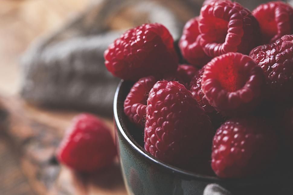 Free Image of Fresh raspberries in a rustic metal cup 