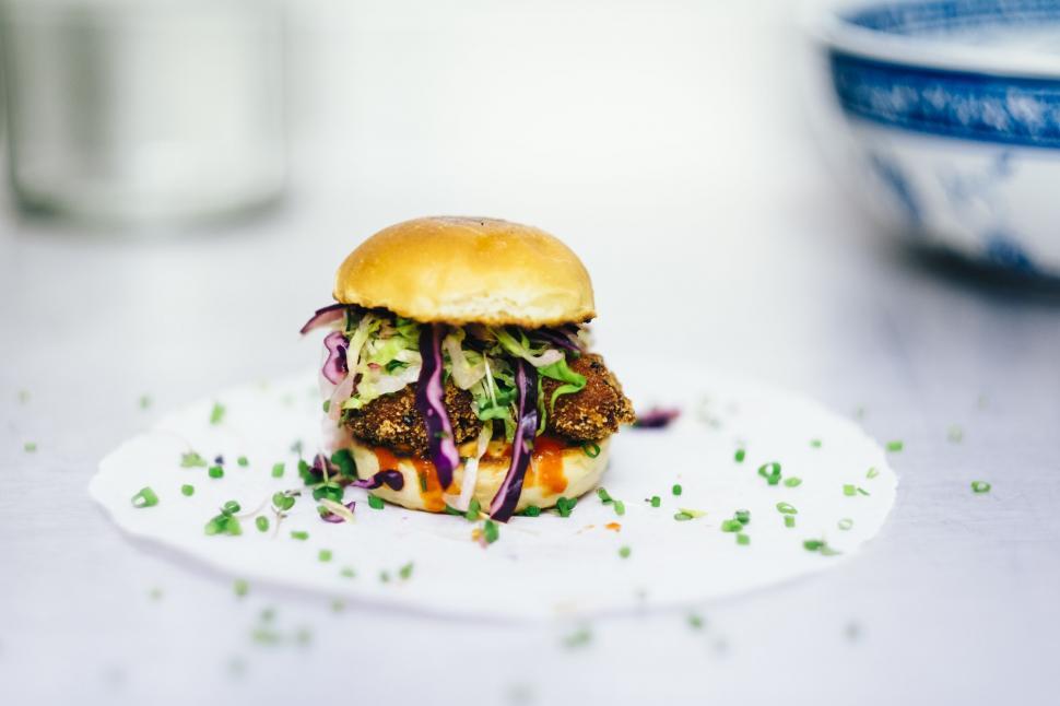 Free Image of Gourmet burger on a white doily 
