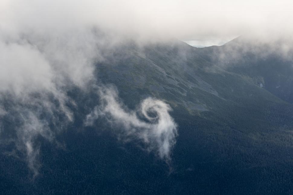 Free Image of Swirling mist over a dense forest landscape 