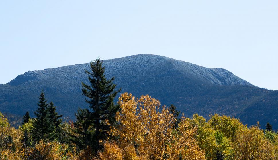 Free Image of Mountain behind autumn colored trees 