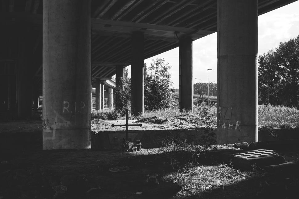Free Image of Black and white image under an overpass 