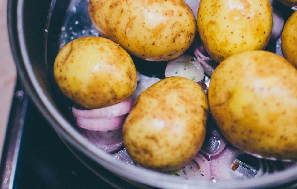 Free Image of Raw potatoes and onions in water 