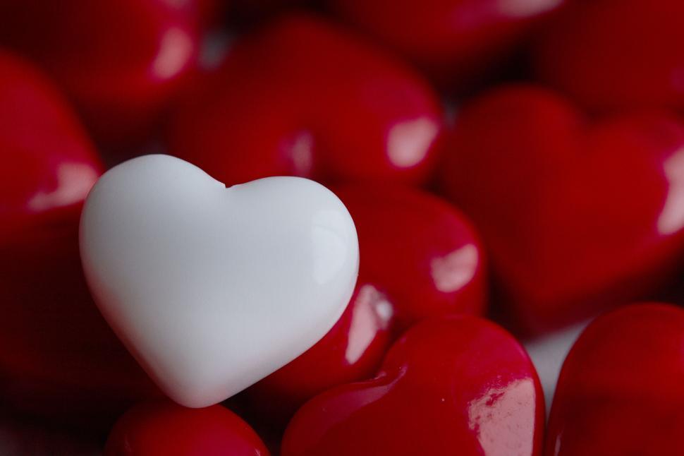 Free Image of White heart among red hearts close-up 