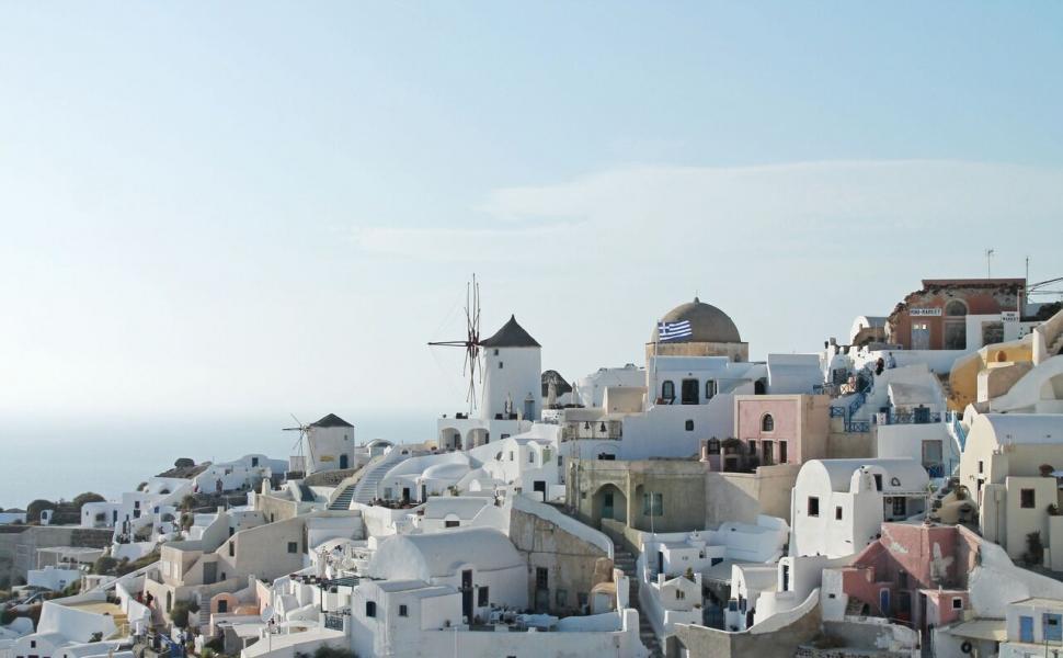 Free Image of Santorini skyline with iconic windmill 