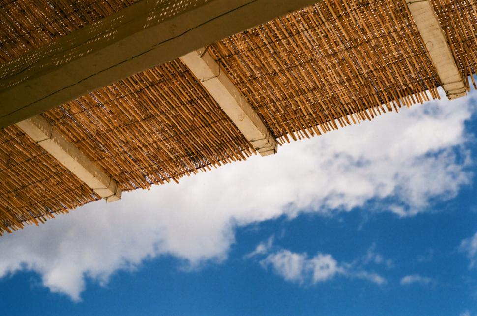 Free Image of Sunny day under a straw beach umbrella 