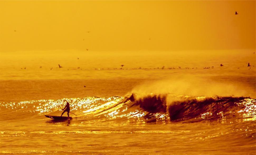 Free Image of Surfer riding wave at golden sunset 