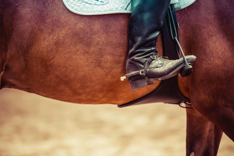 Free Image of Close-up of a rider s boot in a stirrup 