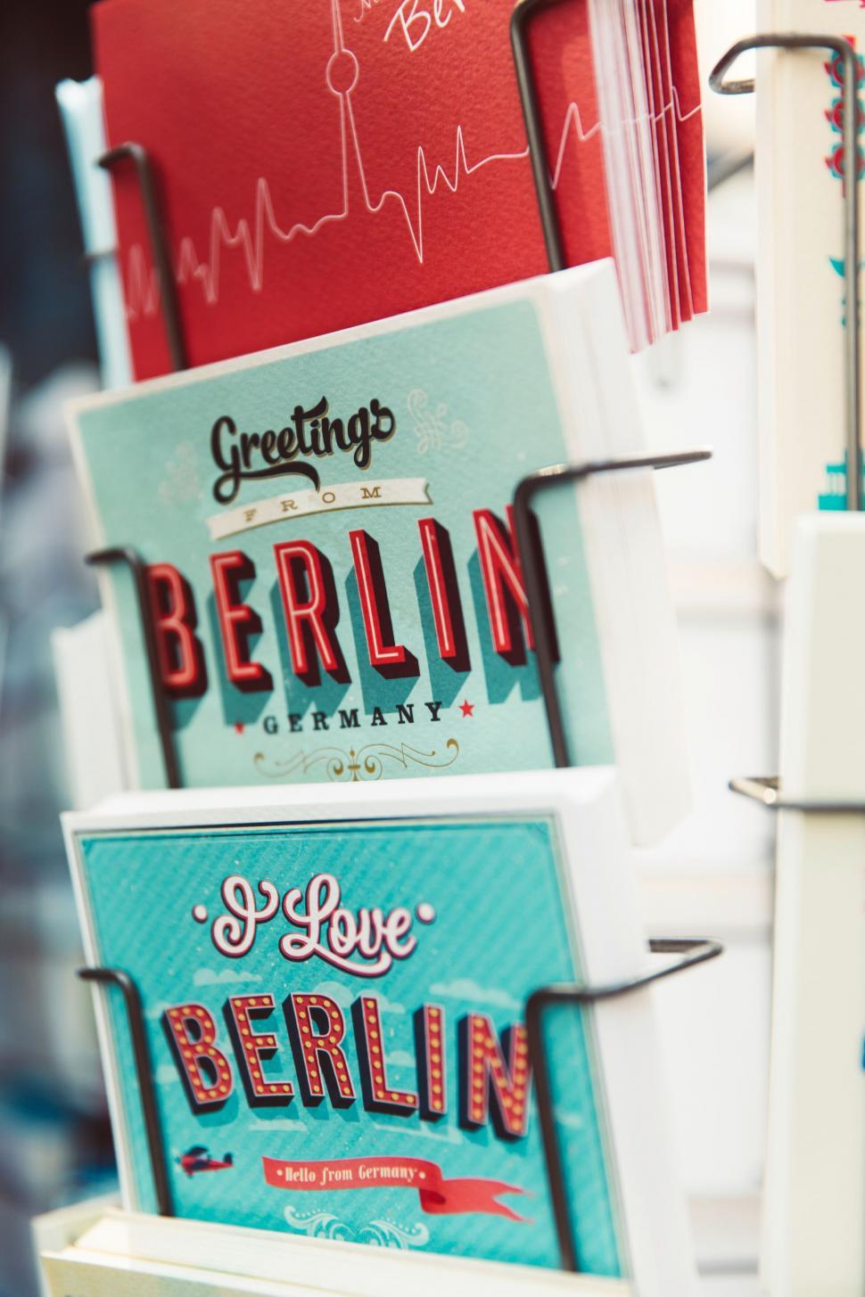 Free Image of Berlin postcards on display for sale 