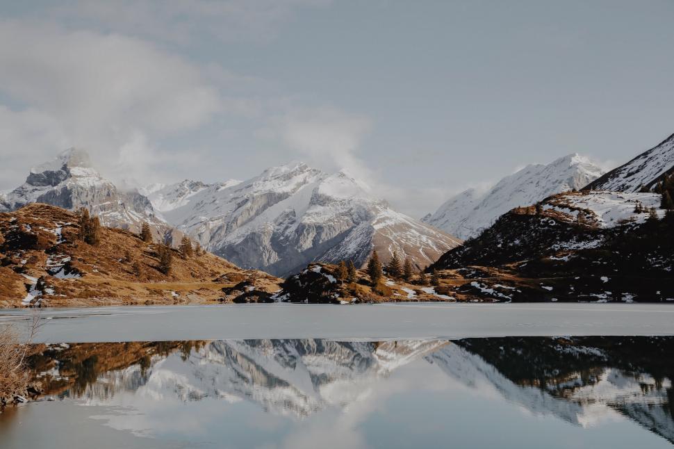 Free Image of Reflection of snowy mountains in calm lake 
