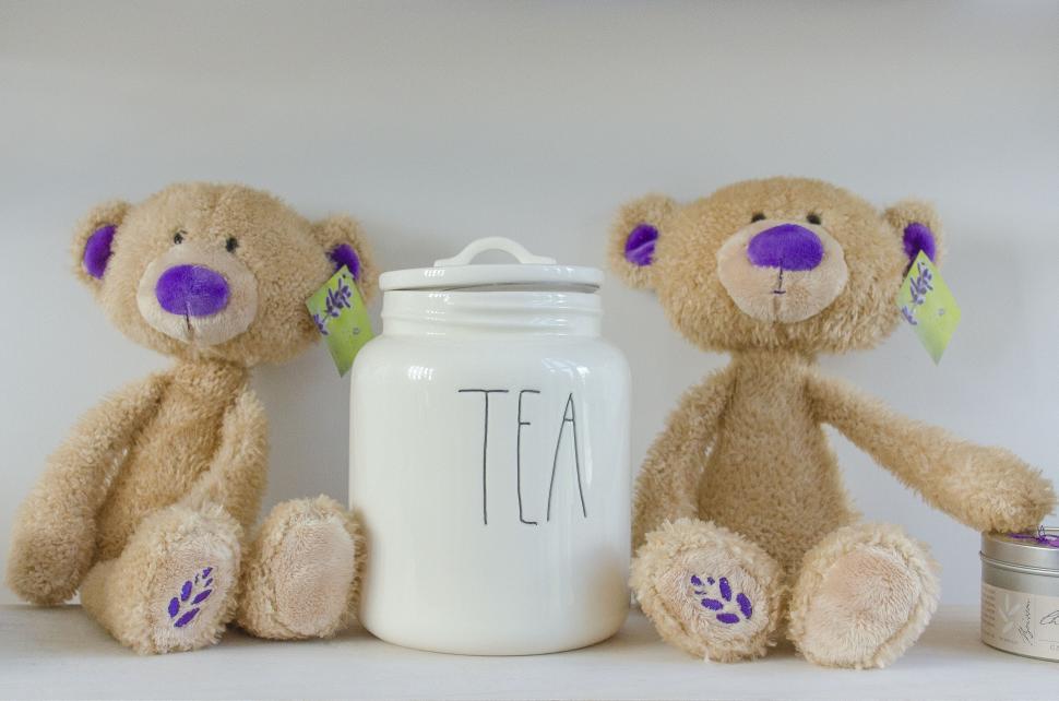 Free Image of Teddy bears and tea canister on a shelf 