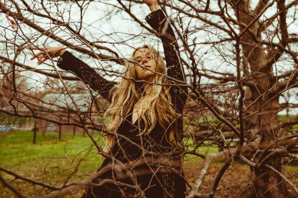 Free Image of Blonde entwined in bare tree branches 