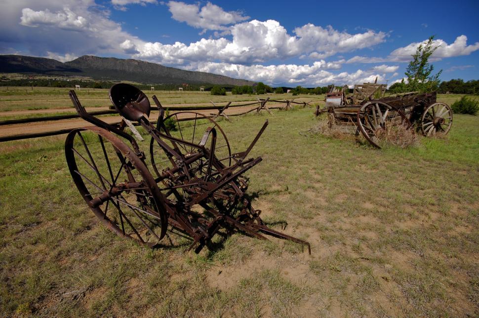 Free Image of Antique farm equipment and wagon 