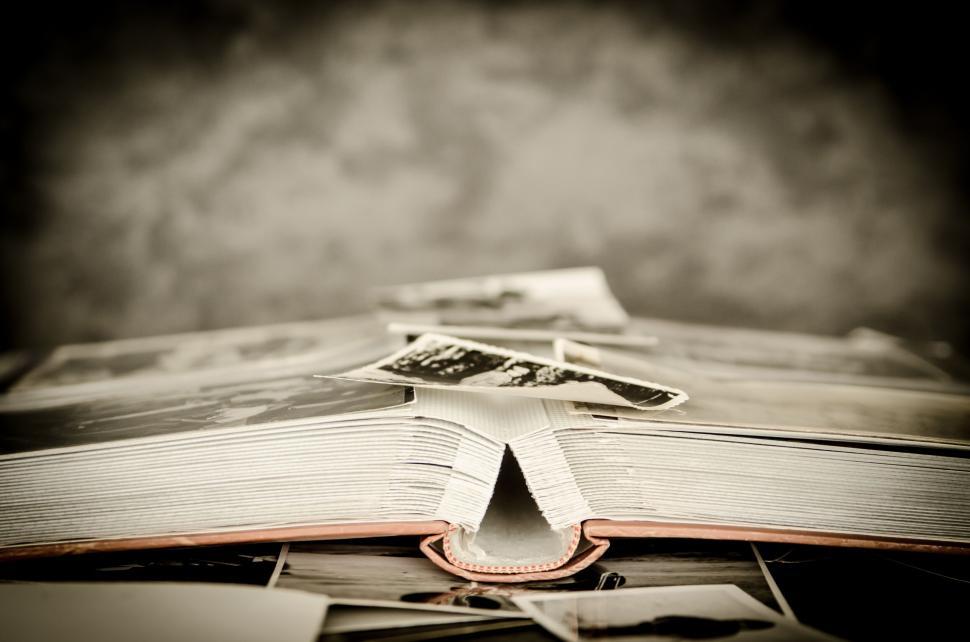 Free Image of Photo album open to show collected photographs 
