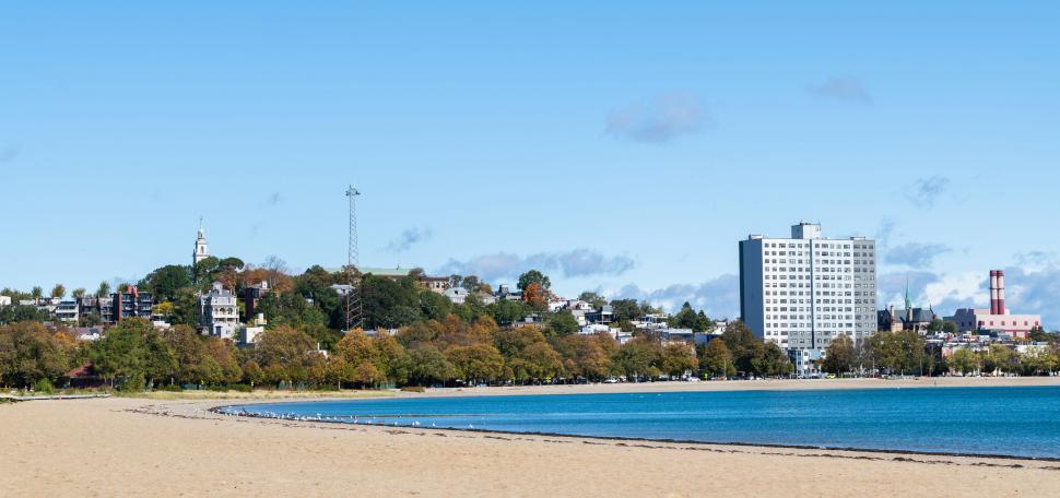 Free Image of Sandy beach with city background 