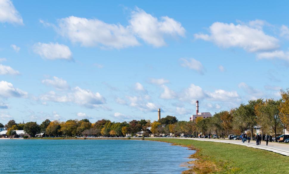 Free Image of Urban lakefront with industrial background 