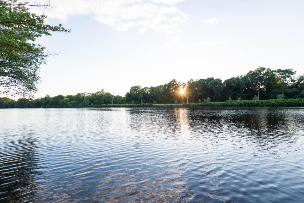 Free Image of Sunset over tranquil river with trees 