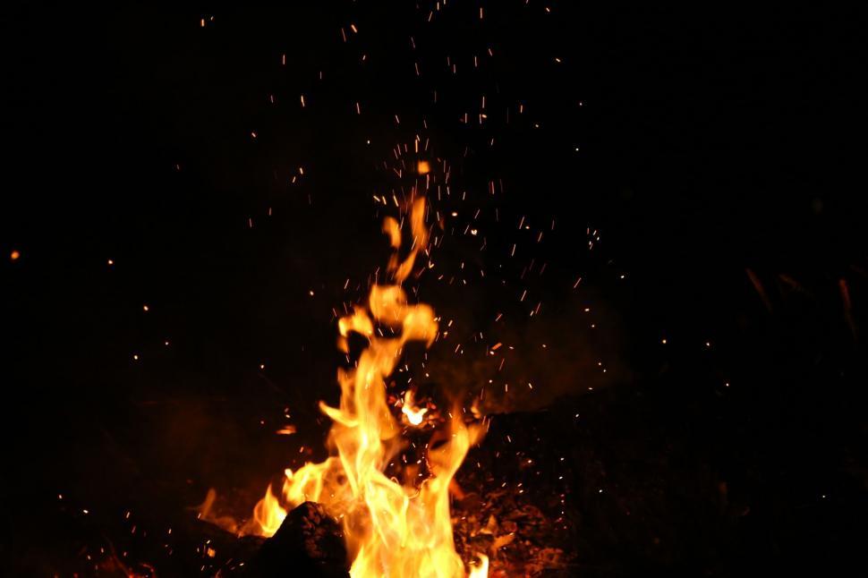 Free Image of Intense campfire flames sparking in darkness 