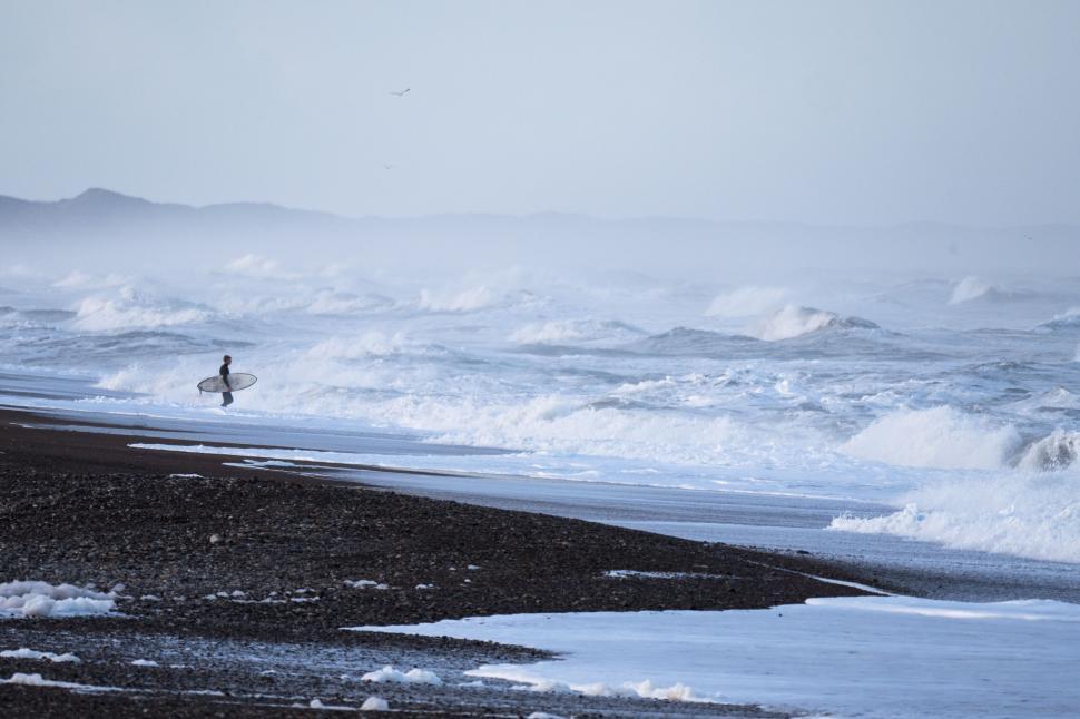 Free Image of Solitary surfer approaching tumultuous ocean waves 