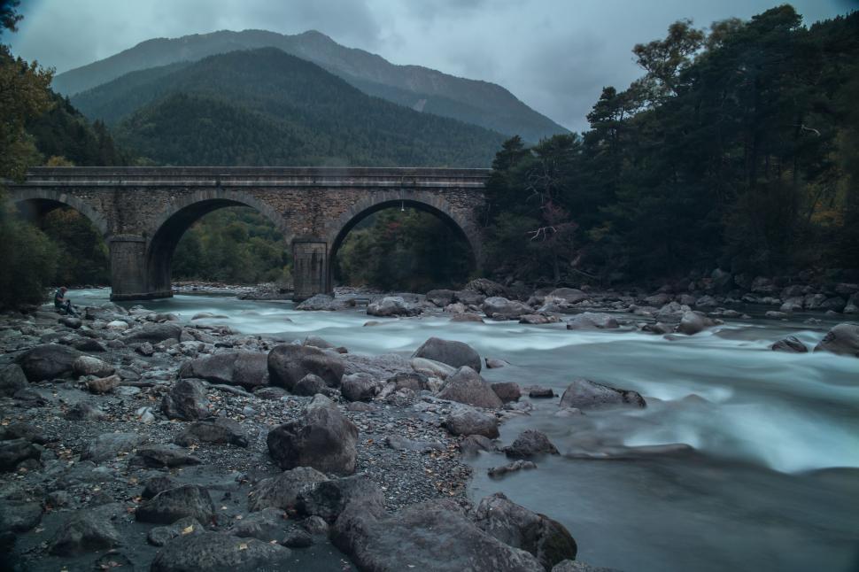Free Image of Historic bridge over a serene mountain river 