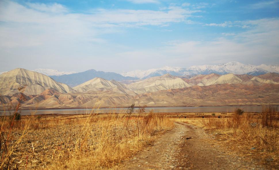Free Image of Desert mountains and river under blue sky 