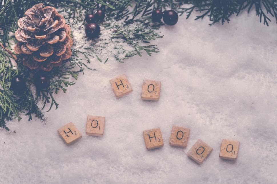 Free Image of Festive pine cone and H2O letters in snow 