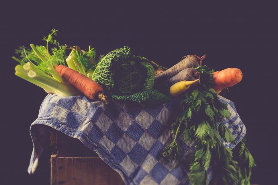 Free Image of Basket of fresh vegetables on rustic wooden crate 