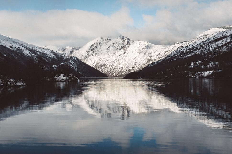 Free Image of Snow-covered mountains reflected in calm lake 
