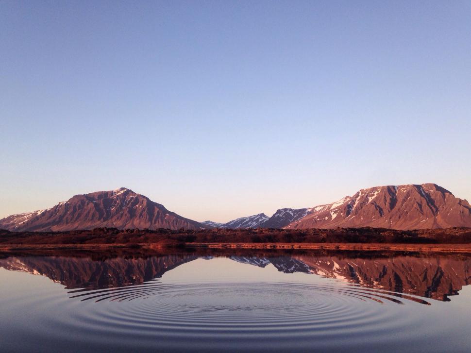 Free Image of Calm lake with mountain reflections 