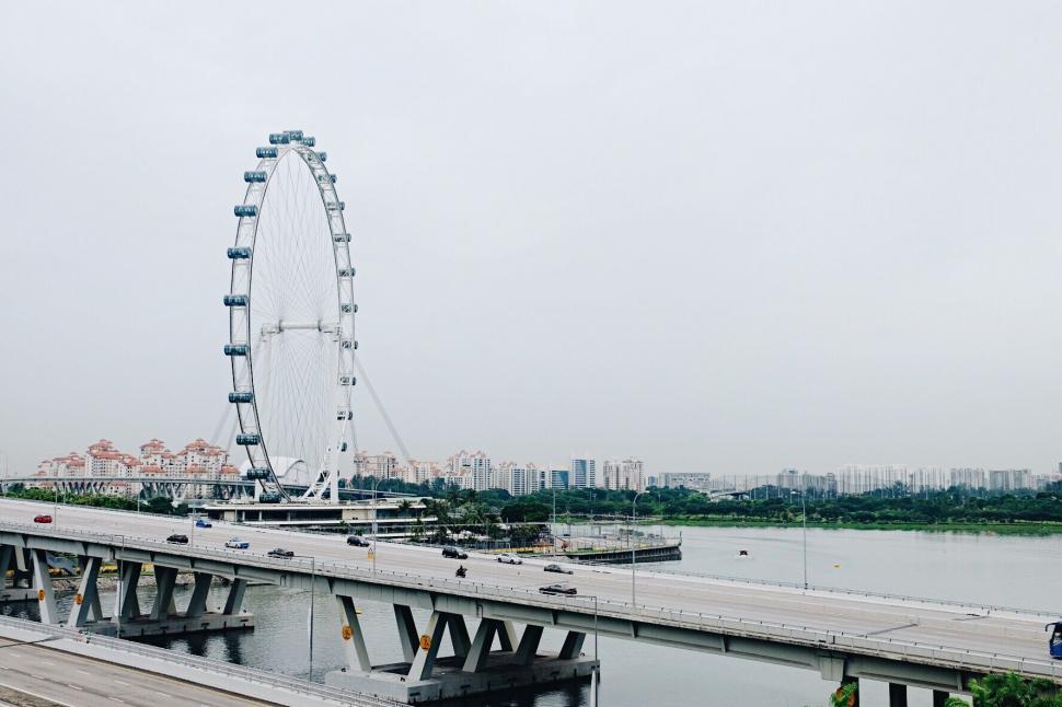 Free Image of Ferris wheel by a river with city skyline 