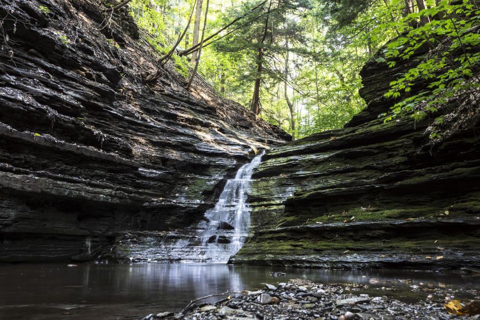 Free Image of Serene waterfall in a forest setting 